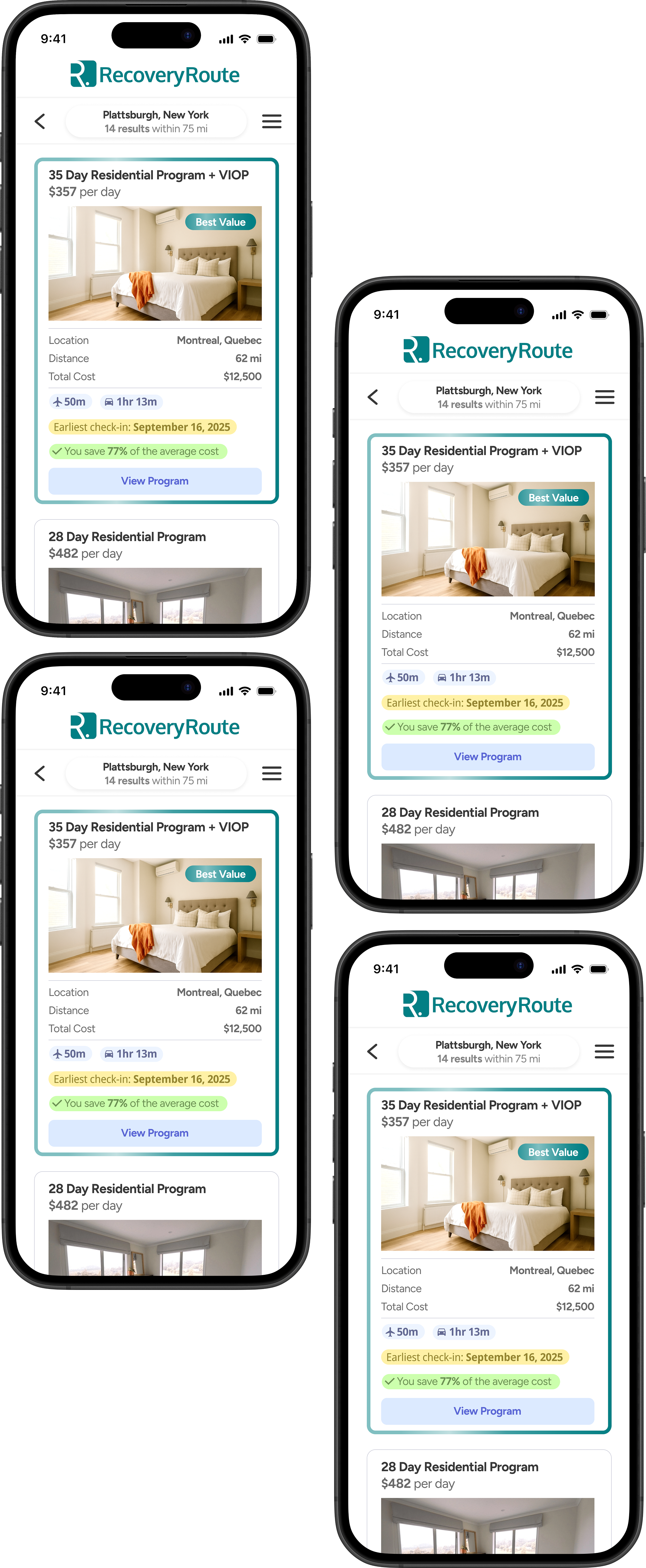 Multiple phones showing RecoveryRoute app